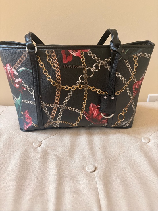 Dana Buchman Handbags - Dana Buchman  Floral Chain Pattern Black Tote Bag